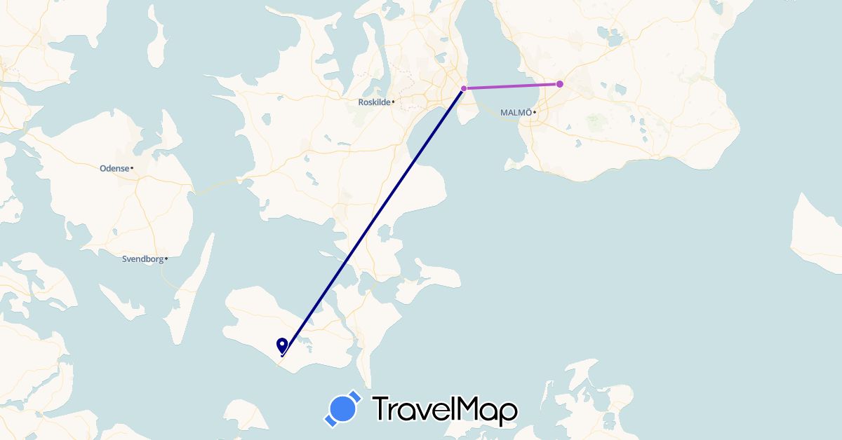 TravelMap itinerary: driving, train in Denmark, Sweden (Europe)